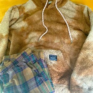Size small Forever Young Man set. Plaid pants and tan fuzzy hoodie.